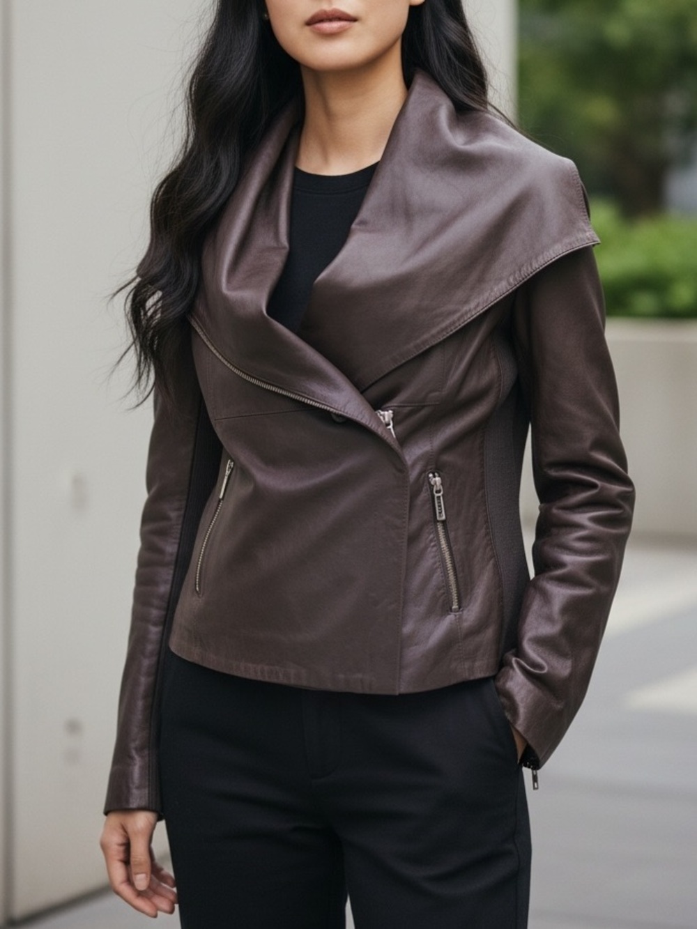 Vince 100% Lambskin Paper Leather Drape Scuba Jacket Espresso Brown Size Large